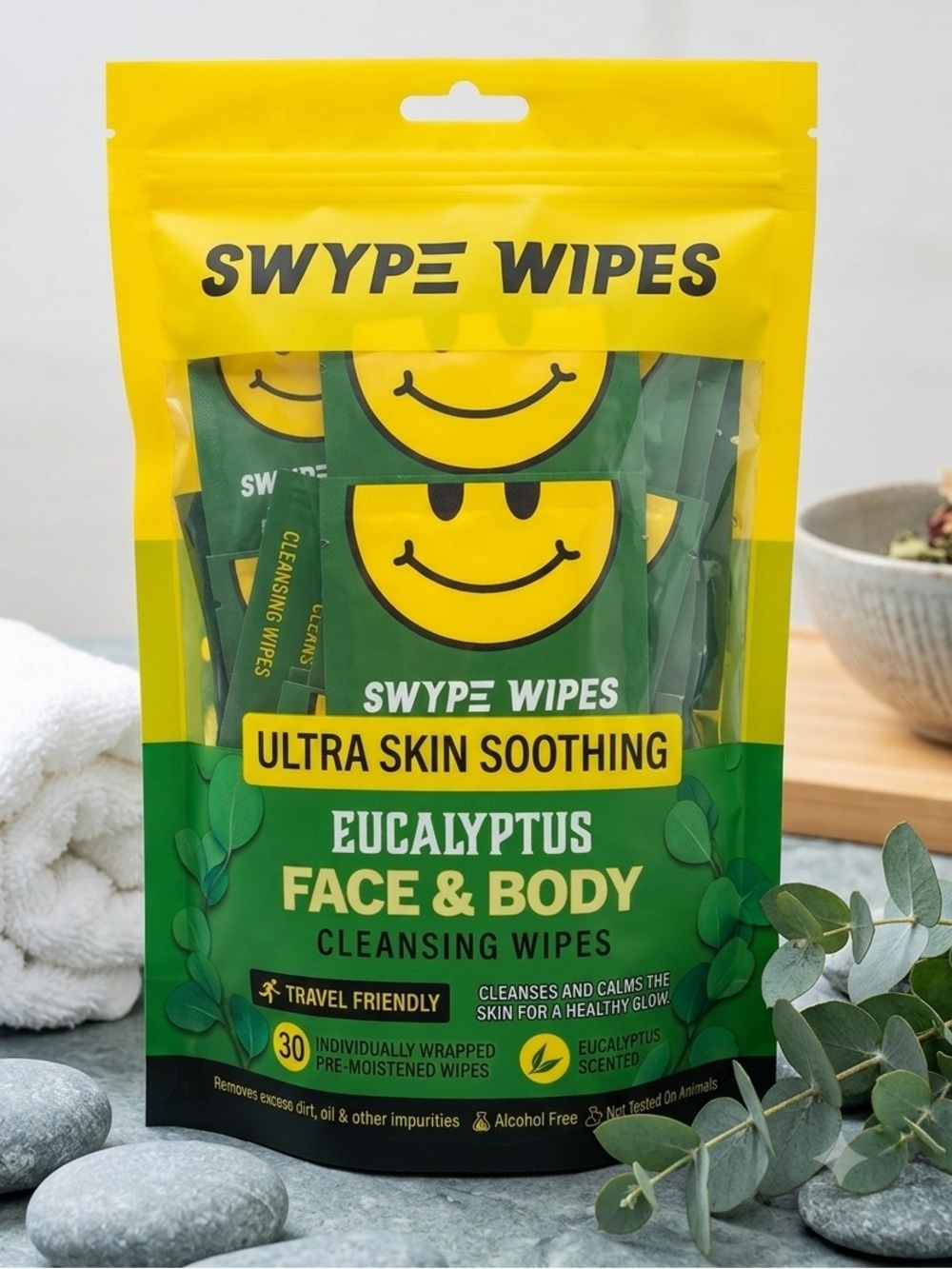 New Swype Wipes EUCALYPTUS Face & Body Cleansing Wipes 30 ct